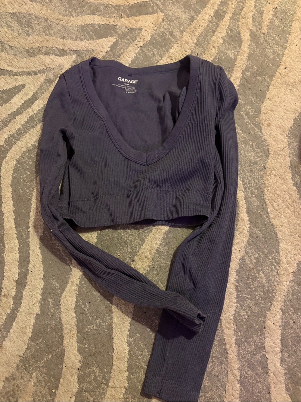 Garage Women's Ribbed Long Sleeve Crop Top - charcoal gray v neck